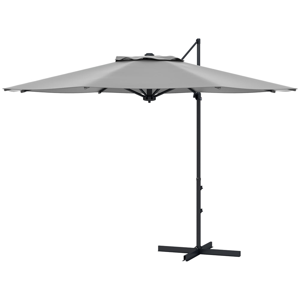 3 m offset parasol, aluminium, 360° rotating, with crank, tilting and cross base, grey
