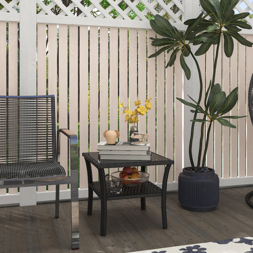 20" Patio Wicker Coffee Table, Outdoor PE Rattan Two-tier Side Table with Glass Top, for Patio, Garden, Balcony, Black