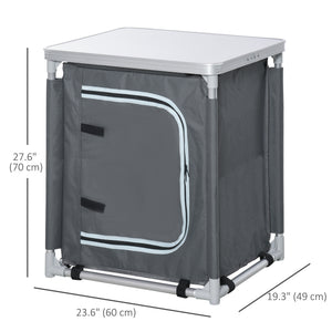 Aluminum camping cooking station with 2-shelf cabinet and carrying bag
