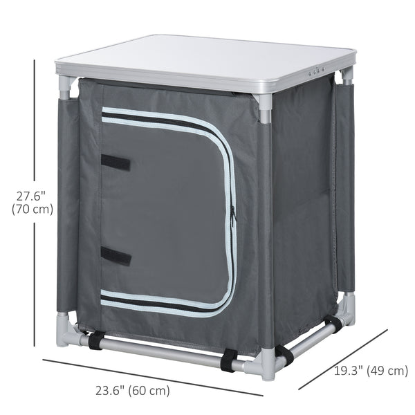 Aluminum camping cooking station with 2-shelf cabinet and carrying bag
