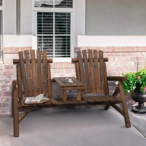 Wood Adirondack Patio Chair Bench with Center Coffee Table, for Lounging and Relaxing Outdoors Carbonized