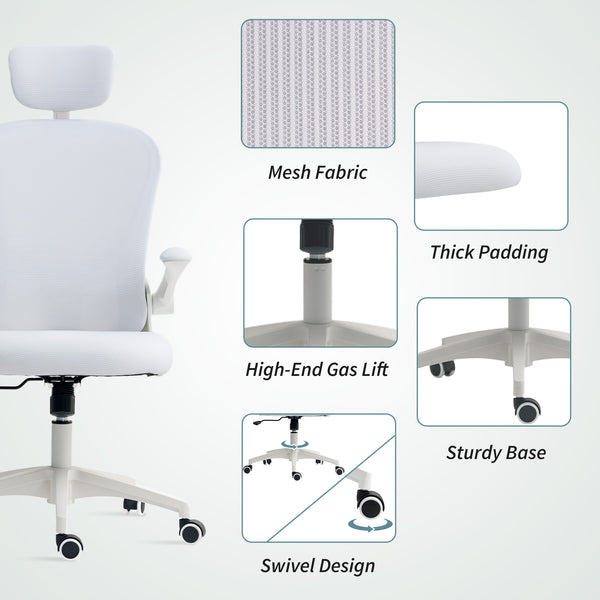 Mesh Office Chair with Adjustable Headrest, 4D Lumbar Support, Flip-up Armrests, White