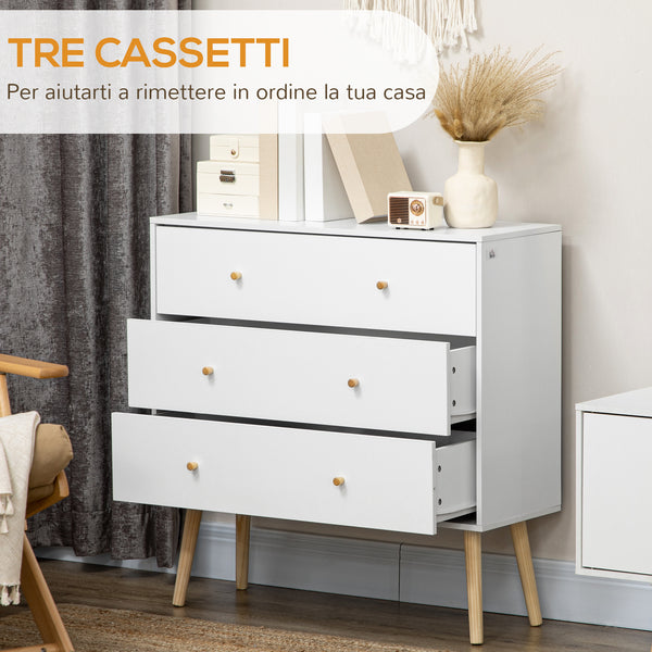 White chest of drawers with 3 drawers, modern chest of drawers with solid wood legs and handles, white