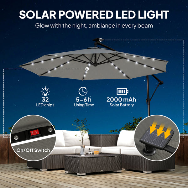 2.95 m cantilever parasol with solar lighting, protective cover, tilt and crank, grey