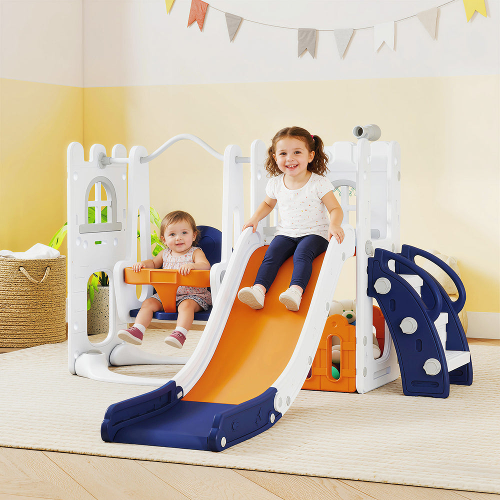Qaba 6-in-1 Indoor Play Set with Slide, Swing, Basketball Hoop, Climbing Structure, Storage Space and Telescope