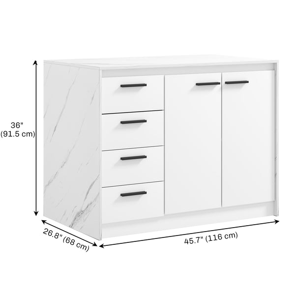 Kitchen island with storage unit, 4 drawers and adjustable shelf in marble effect and white