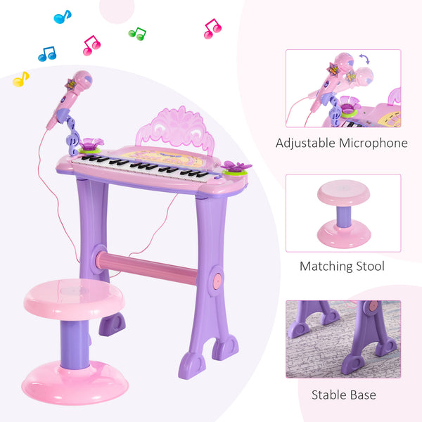 Electronic piano with microphone and stool pink/purple