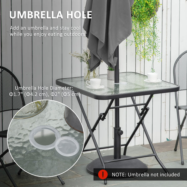 Square folding garden table with parasol hole, black