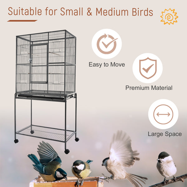 Metal rolling bird cage with removable stand with wheels, black