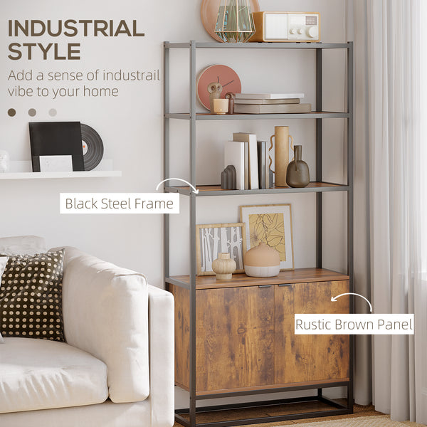 Storage unit with 3 open shelves and closed cupboard, rustic brown