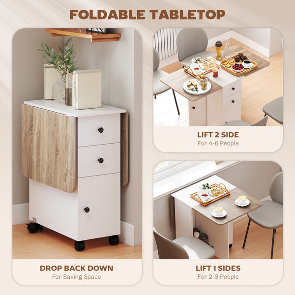Mobile folding table on casters with drawers and cupboard, white and oak