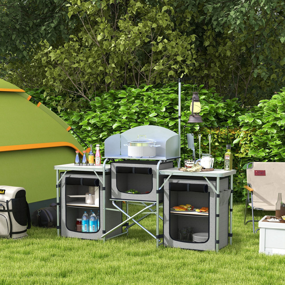 Portable folding aluminum camping kitchen with fabric cupboards, grey