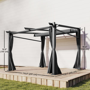 Metal pergola with sliding and retractable roof, 10 x 10, black
