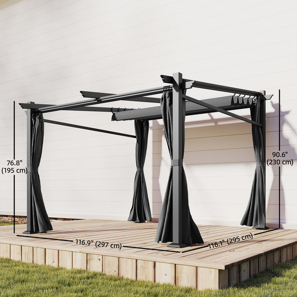 Metal pergola with sliding and retractable roof, 10 x 10, black