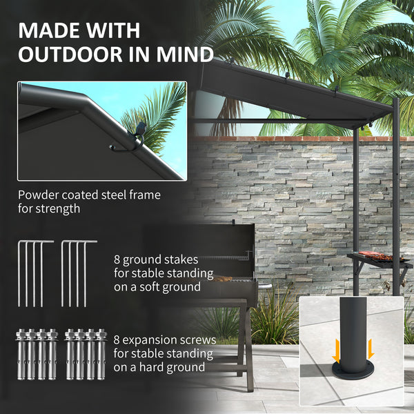 Barbecue shelter with steel frame and serving shelves, dark grey