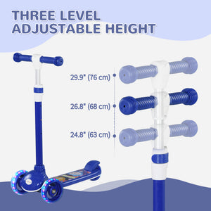 3-wheeled scooter with adjustable height, LED light, blue