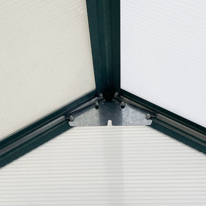 Green polycarbonate greenhouse with adjustable ventilated roof, galvanized base, sliding door and gutter