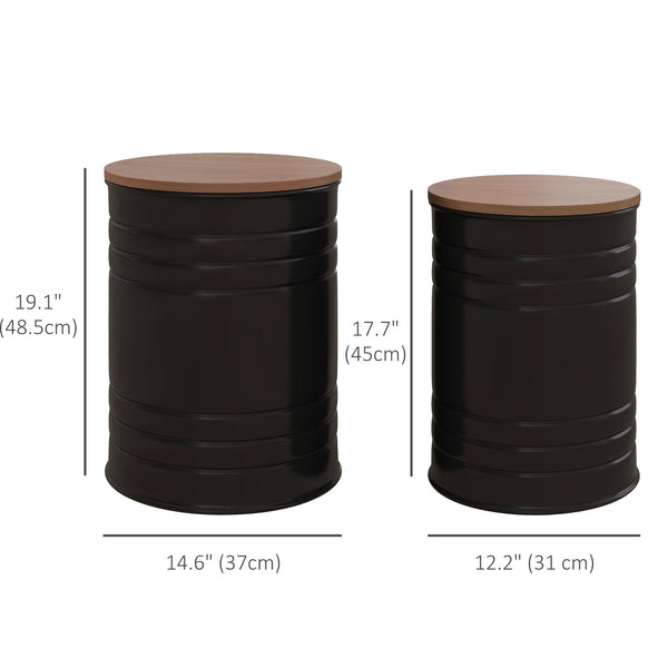 Set of 2 round side tables with wooden lid, black