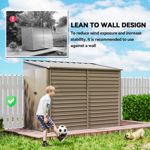 Lean-to steel garden shed with foundation kit, lockable doors, brown