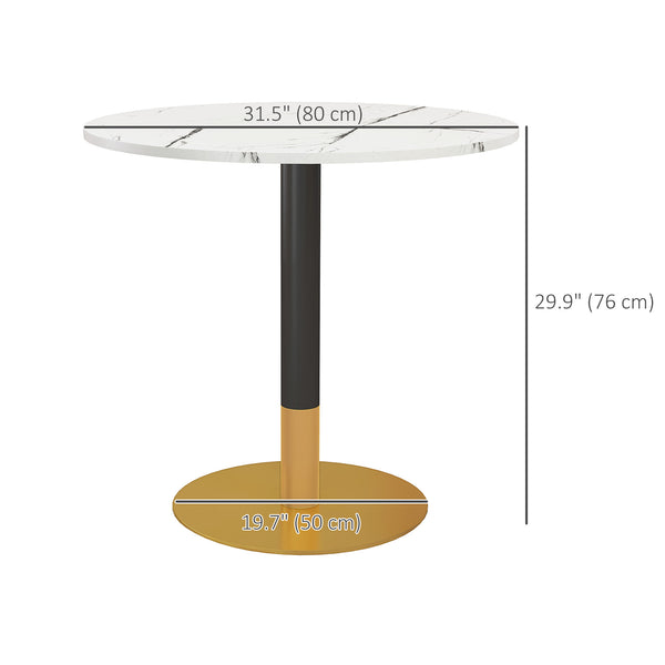 Round dining table with imitation marble top, steel base, white