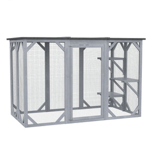 Wooden Cat Cage with Waterproof Roof, Multi-Level Platforms, Lockable, Grey