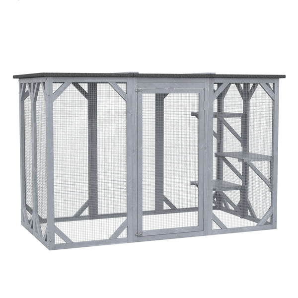 Wooden Cat Cage with Waterproof Roof, Multi-Level Platforms, Lockable, Grey