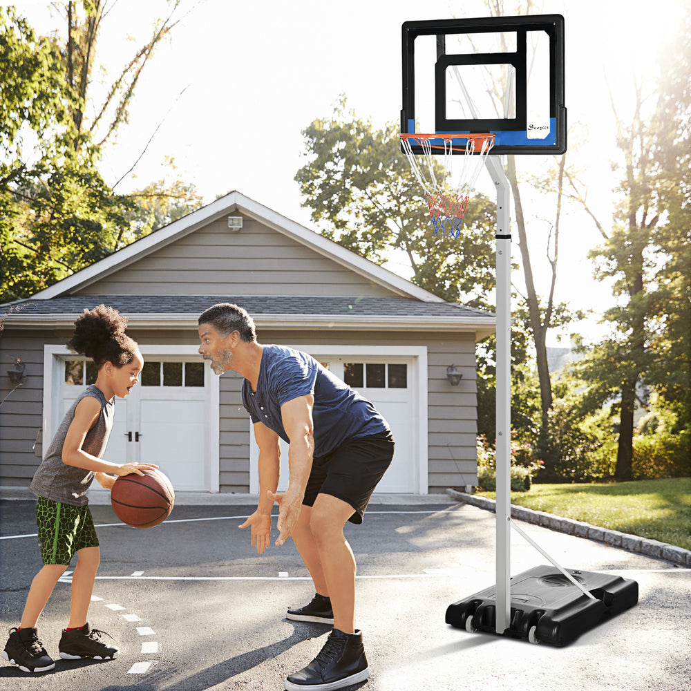 Adjustable basketball hoop with sturdy backboard and weighted base