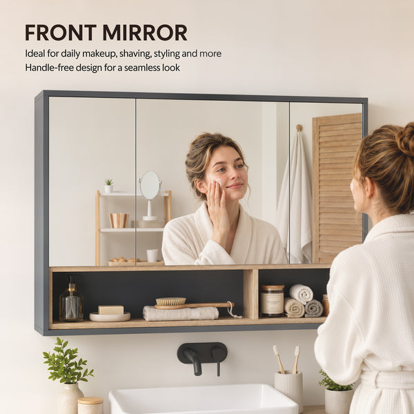 Wall-mounted bathroom cabinet with mirror and 8 storage compartments, gray