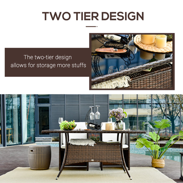 Rattan dining table with glass top and storage shelf, brown