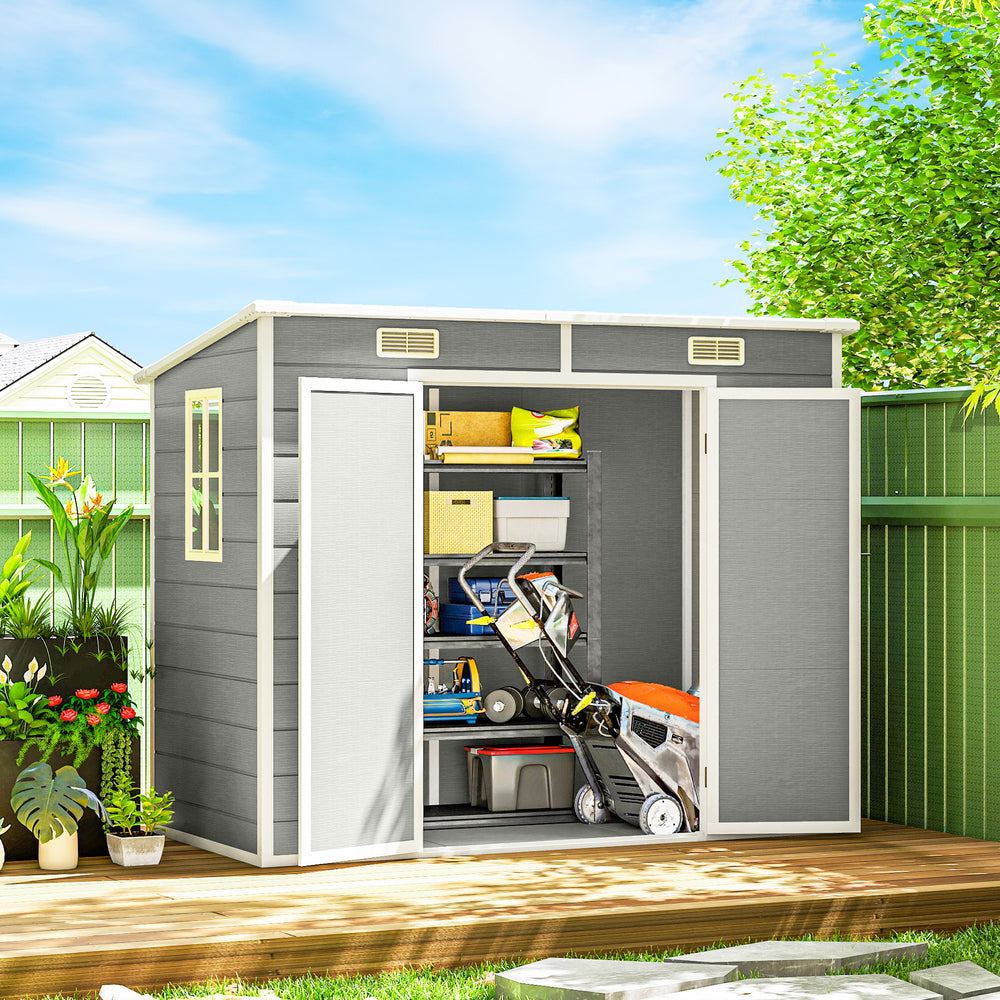 Resin garden shed with floor, window, lockable doors and ventilation, light grey
