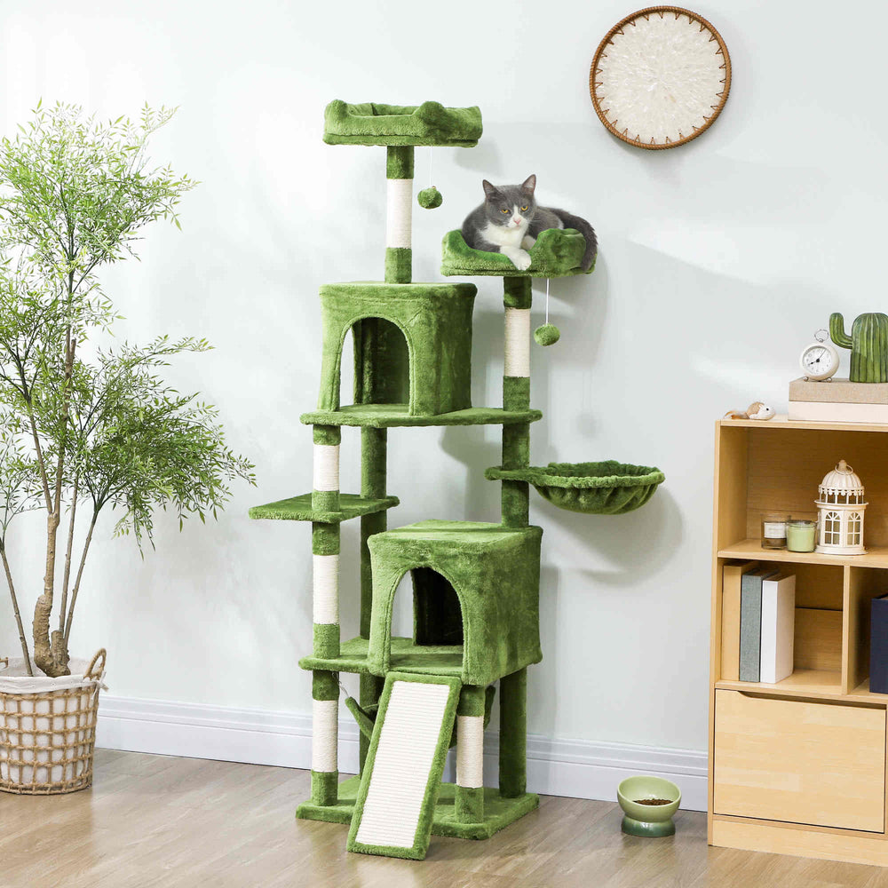 178cm Multi-Level Cat Tree with 2 Cabins, 2 Perches, Hammock, Play Balls, Green