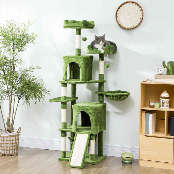 178cm Multi-Level Cat Tree with 2 Cabins, 2 Perches, Hammock, Play Balls, Green