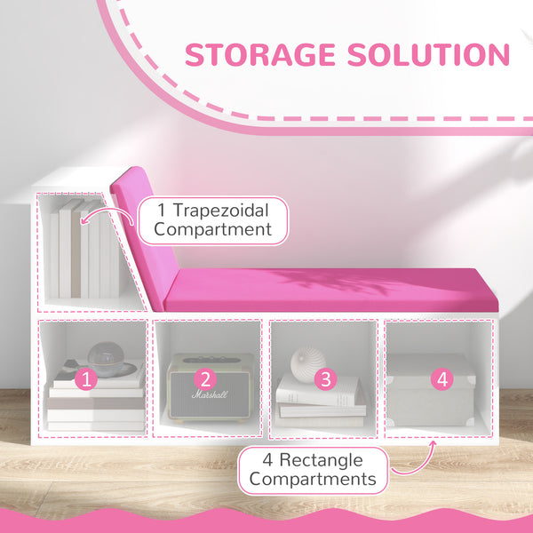 Bookcase with 5 compartments and padded reading corner, pink