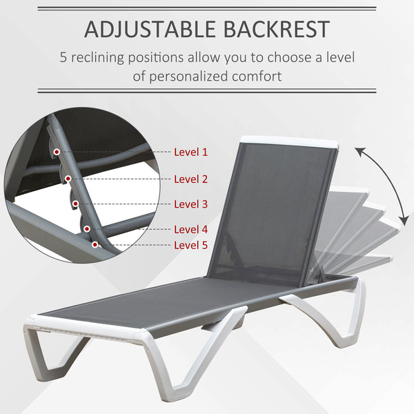 Outdoor Chaise Lounge Chair, Patio Aluminum Tanning Chair with 5-Level Adjustable Back, Portable Wheels, Breathable Mesh Fabric, for Pool, Deck, Garden, Grey