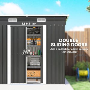 Black metal garden shed, 2.13 m x 1.22 m, lockable, for tools and other storage.
