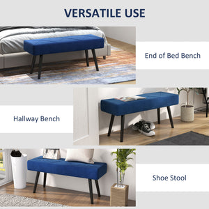 Modern upholstered bedroom bench with steel legs, dark blue