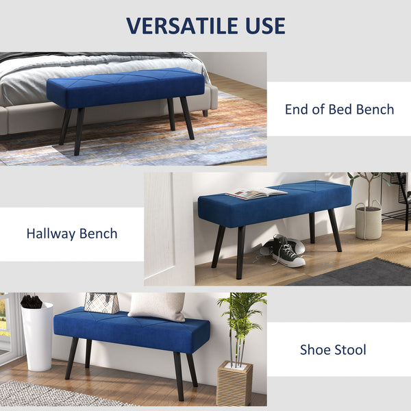 Modern upholstered bedroom bench with steel legs, dark blue