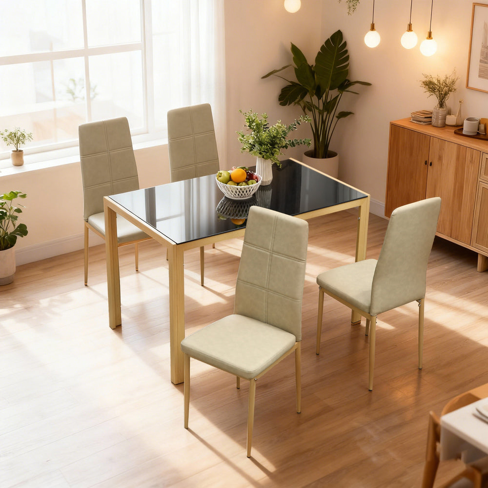 5-piece rectangular glass kitchen table and chairs set with metal frame and faux leather upholstery