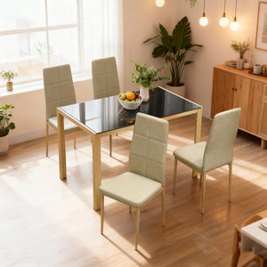 5-piece rectangular glass kitchen table and chairs set with metal frame and faux leather upholstery