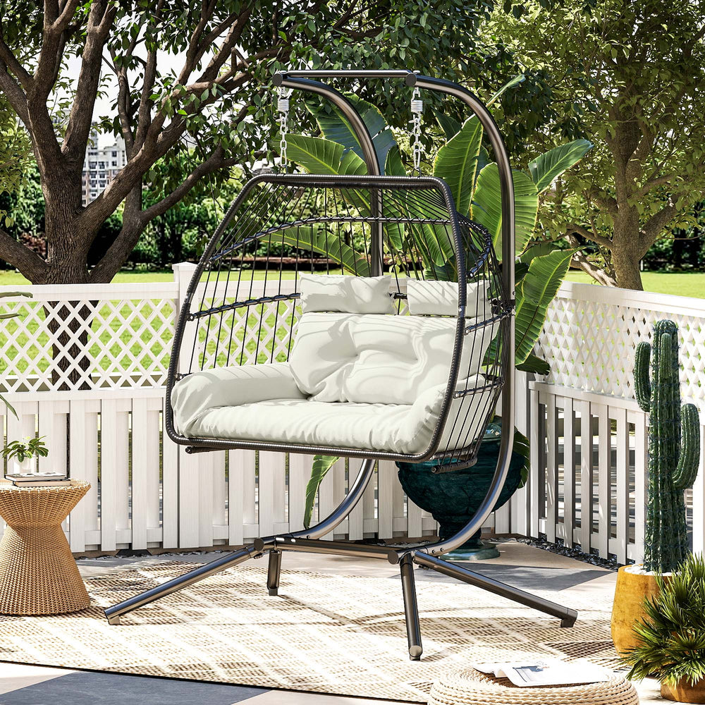 double wicker swing with hanging stand, UV-resistant cushion, cream white