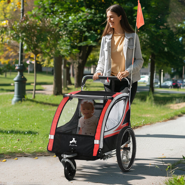 3-in-1 2-seater bike trailer with 5-point harness, red