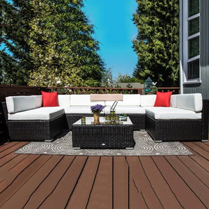 7-piece Woven Rattan Garden Furniture Set with Coffee Table and Cushions