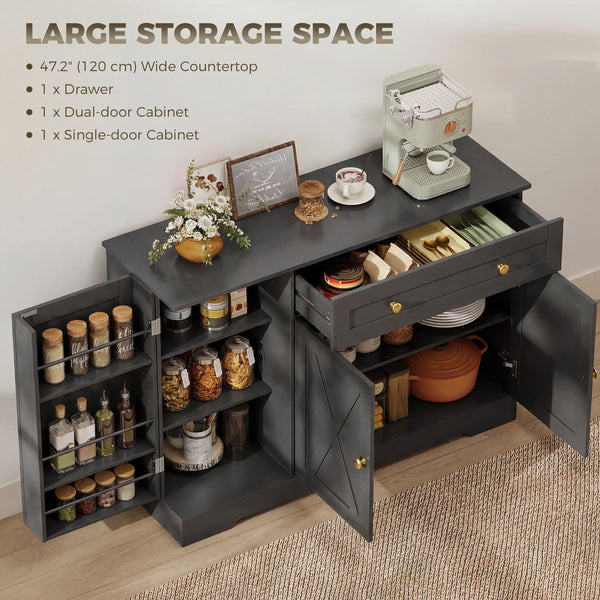 Farmhouse Coffee Bar Cabinet with Doors, Adjustable Shelves, Drawer, Sliding Barn Doors, Black