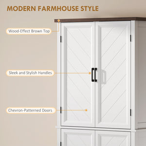 Modern farmhouse kitchen storage cabinet with 4 chevron doors and 4 adjustable shelves, white.