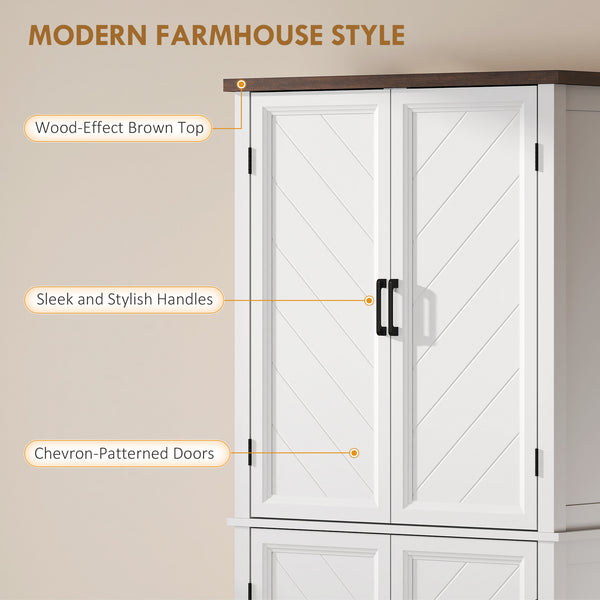 Modern farmhouse kitchen storage cabinet with 4 chevron doors and 4 adjustable shelves, white.