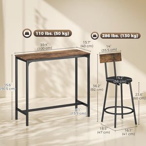 Bar table with 2 upholstered stools, rustic brown