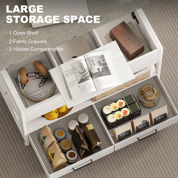 Lift-top coffee table with double adjustable surface, hidden storage, and 2 drawers – White and cement gray