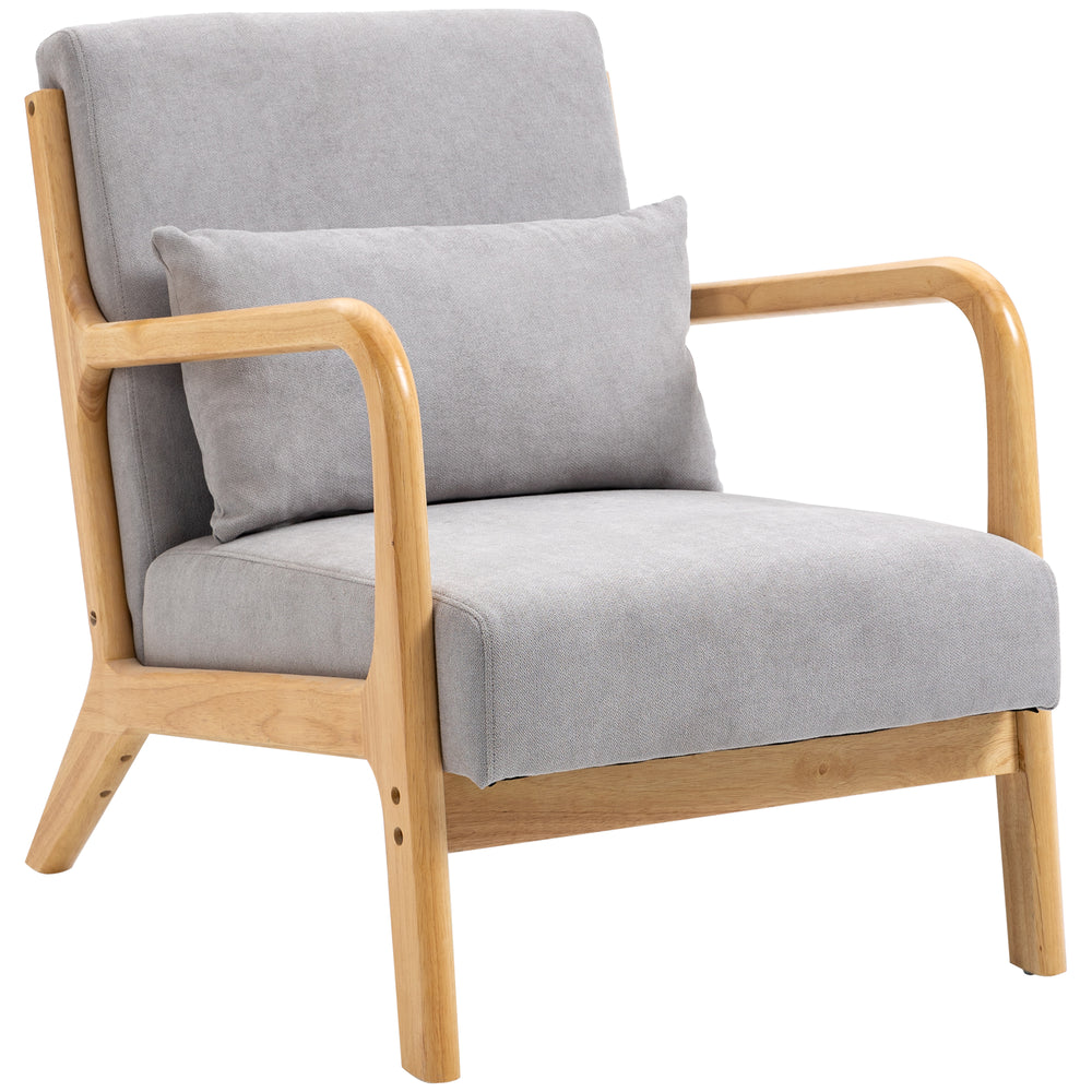 Fabric lounge chair with wooden legs and thick padding, gray