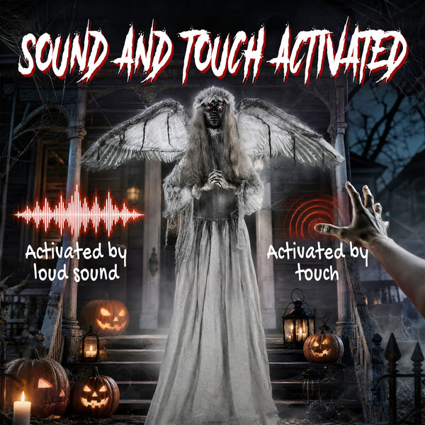 63.8-in Animated Halloween Weeping Angel with Light-Up Eyes, Sounds, and Movement – Dark Gray