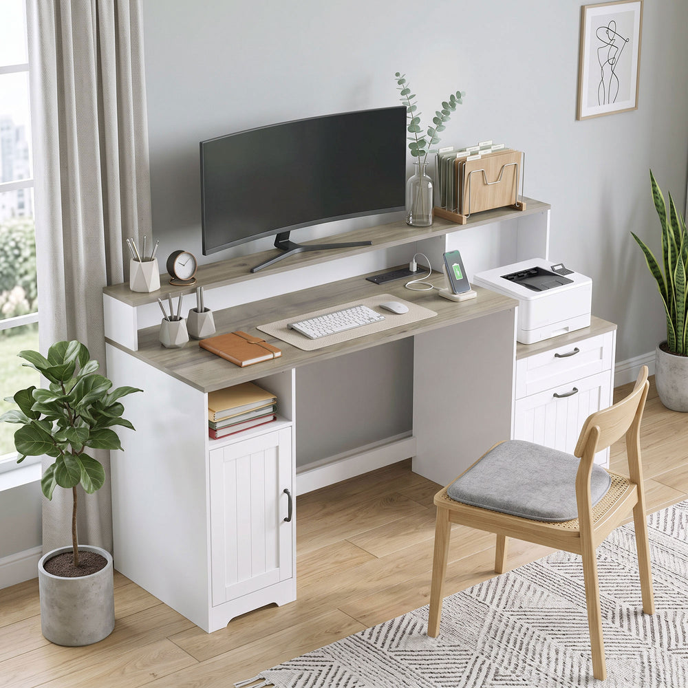 65" desk with storage and outlets, white and brown
